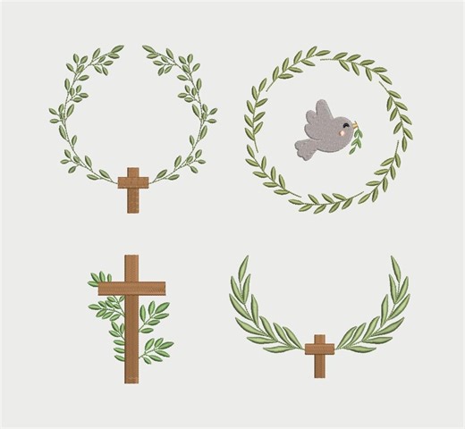 Set of 4 Religious Embroidery Designs, Embroidery File of Laurel Leaf Wreath With Cross, Cross With Laurel Leaves, Dove of Peace. - Etsy