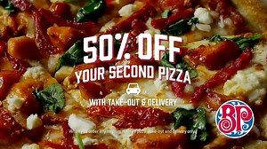 Get your second pizza at half price when you order two pizza’s for take-out or delivery! | Boston Pizza