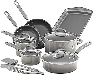 Rachael Ray Brights Nonstick Cookware Pots and Pans Set, 14 Piece, Sea Salt Gray