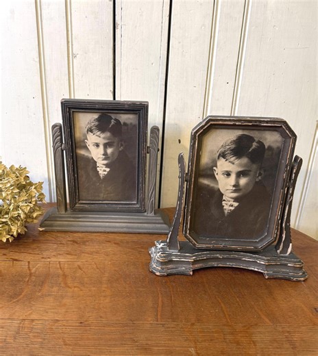 Antique Art Deco Swivel Photo Frames | Black Wood, Chippy Patina, Original Portraits Included - Etsy