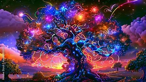 Colorful magic fantasy tree glowing lights. A giant ancient tree figure in a fantasy landscape filled with lights floating in the ambient. Camera movement advance. Digital painting and 3d rendering 4k