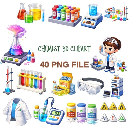 Chemist PNG Clipart Set | 40 3D Science Lab, Beakers, Test Tubes, Chemicals & Safety Gear | Digital Download - Etsy