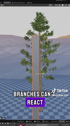 Devlog #11: Dynamic Branches On impact, the branches were going straight into the terrain… which didn’t look right at all. So I made them properly react to physics. What do you think of the result? #devlog #indiedev #gamedev #unity3d