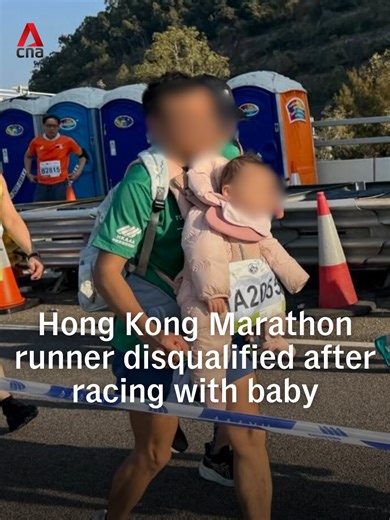 A runner was disqualified from the Standard Chartered Hong Kong Marathon on Sunday (Jan 18) after running with a baby strapped to his chest. Organisers said he was removed for violating marathon rules, but this was after he completed about 15 kilometres. Netizens criticised the act as irresponsible and dangerous, raising questions about how the runner managed to pass security checks in the first place. #hongkong #hongkongnews