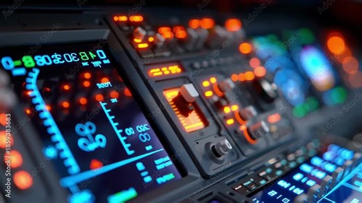 Close-up aircraft cockpit control panel as camera pans right. Switches blink and avionics screens glow, then focus shifts across toggles and dials, showing cockpit monitoring in low light.