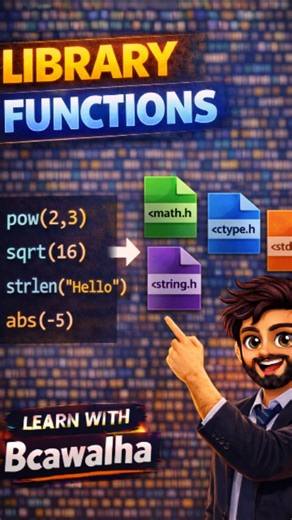 𝐂𝐨𝐝𝐞 𝐖𝐢𝐭𝐡 𝐁𝐂𝐀𝐰𝐚𝐥𝐡𝐚 on Instagram: "Library Functions in C 📚 | Predefined Functions Explained | Learn C with BCAwalha Day 24/100🎯 DM For Paid Collaboration💰 Library functions in C explained in easy language 💻 Predefined functions that save time & effort ⏱️ Very important for BCA exams & beginners 📘🚀 #CProgramming #LibraryFunctions #CLanguage #LearnC #CForBeginners #BCAStudents #ProgrammingReels #CodingEducation #CodeWithMe #TechReels #ComputerScience #BCAwala #CodingLife #Pro