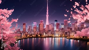 A nighttime view of Tokyo, Japan, showcasing the illuminated Tokyo Skytree amidst a cityscape backdrop. Cherry blossoms in full bloom frame the scene, enhancing the vibrant atmosphere.