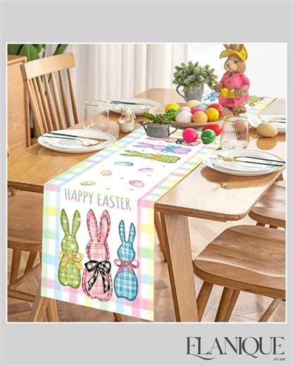 Happy Easter Checkered Bunny Table Runner | 35x180cm Egg Print Easter Table Cover