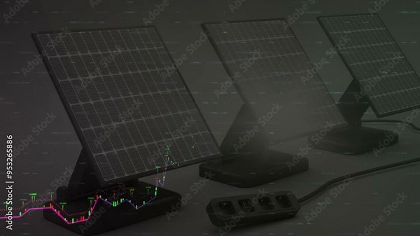 Stock market graph animation over solar panels and power strip