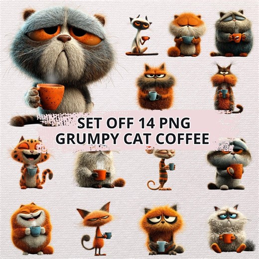 Grumpy Cat Coffee PNG Bundle, Funny Cat Clipart for Sublimation (Instant Download)
