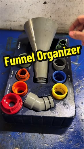 Here it is, an over engineered oil funnel adapter organizer. Each adapter pocket is open on the bottom and countersunk to allow any excess oil to drain into the trough below. Next plan is to laser some labels onto the organizer for the different vehicle brands. #3dprinting #automotive #asmr