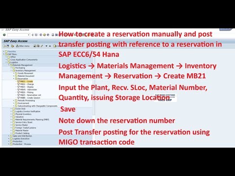 Create reservation manually MB21, post transfer posting for reservation in MM in SAP ECC6/S4 Hana