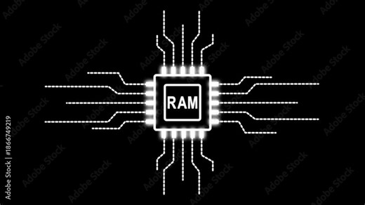 Digital motion graphics of a CPU microprocessor with RAM text symbol and electronic network lines for global information protection and online safety.