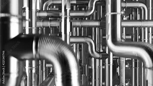 Loopable maze of clean pipes tangled together. Construction steel plumbing