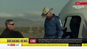 BREAKING: The New Shepard rocket which was carrying four people including Amazon founder Jedd Bezos has successfully landed back on Earth. Follow live: https://trib.al/IUkWnoq | Sky News