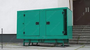 Diesel powered generator. Power station is an independent, complete power generation device and system. Source of electric energy, connected to the building, zoom-out video