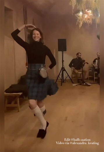 Caitríona Balfe Dances in Kilt with Friends in London