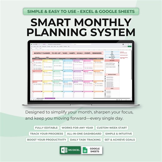 Monthly Task & Goal Tracker Excel Template | Habit Tracker Spreadsheet | Daily Task Organizer and Tracker | Excel and Google Sheets Planner