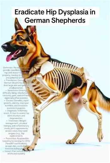 Definition: Hip dysplasia is a genetic condition where the hip joint doesn’t develop properly, leading to instability and potential arthritis. • Prevalence: Common in German Shepherds due to their large size and genetic predisposition. • Symptoms: Limping, difficulty rising, reluctance to run/jump, pain, and stiffness, especially after exercise. • Causes: Genetics, rapid growth, obesity, improper nutrition, and excessive exercise in puppies. • Diagnosis: Veterinary exam, X-rays to assess hip joi