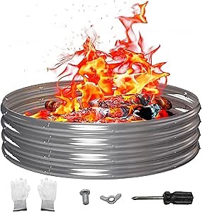 48 Inch Outdoor Fire Pit Ring, Round Galvanized Portable Fire Pit for Camping, Metal Steel Bonfire Fire Ring for Outside, Backyard