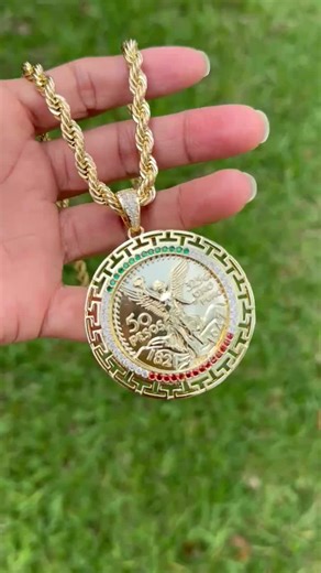 Mens 14K Gold Plated Mexican Flag 50 Pesos Centenario Pendant with 24in 6mm Rope Chain Unisex Fashion Jewelry for All Occasions