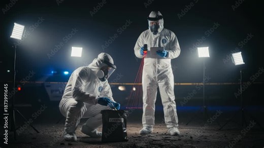 Forensic scientists in hazmat suits investigating a crime scene at night, one specialist collecting a sample into an evidence bag while the other uses a tablet and a laser scanner