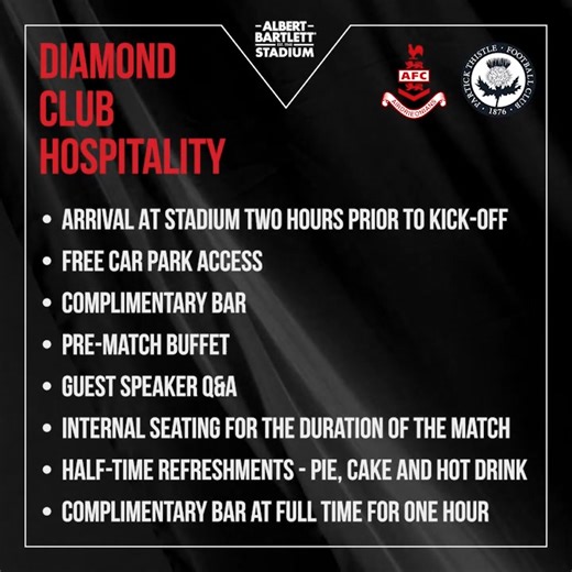 Why not watch Friday's game against Partick Thistle in comfort? Join us in the International Beverage Diamond Club Suite with our hospitality and sponsorship packages – spaces are limited! Hospitality: https://buff.ly/qmgs3Yk Matchday Sponsorship: https://buff.ly/mHZ5sYQ | Airdrie FC