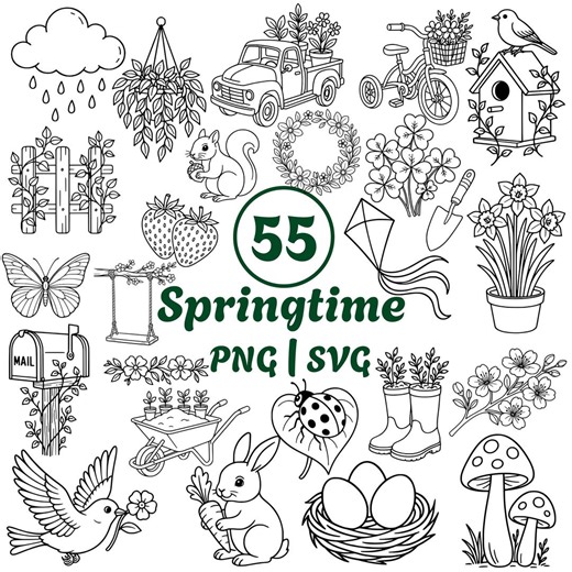 Springtime SVG PNG Bundle: 55 Spring Line Art Illustrations (digital Download) - Etsy