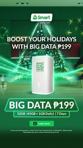 3K views · 127 reactions | Spread the holiday vibes with Smart Home WiFi’s BIG DATA P199! Enjoy 52GB for 7 days—perfect for posting your festive snaps, sharing holiday memories, and staying connected with your loved ones. Load now at https://smrt.ph/BigDataP199OLS Don’t have a Smart Home WiFi yet? Get yours here: https://smrt.ph/GetSmartHomeWiFi | Smart Communications, Inc. | Facebook