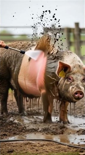 Pressure washer vs extremely muddy Pig #satisfying #dogbath #grooming