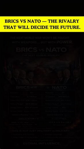 INVESTING ! TRADING ! BUSINESS ! FINANCE ! BY MUKESH on Instagram: "The future global war won’t look like the past. No tanks. No borders. No battlefields. Instead — Currencies will clash. Trade routes will collapse. Energy prices will explode. At the center of it all: BRICS vs NATO. This is not just military vs military. This is economy vs economy, power vs power. Are we watching history… or living it? #BRICSVsNATO #WorldPolitics #GlobalPower #Geopolitics #WorldEconomy"