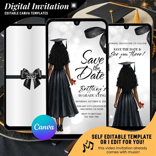 Black Graduation Save the Date Invitation, College Grad Video Invites, Editable Template : Instant Download - Etsy