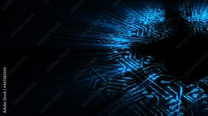 Electrical impulse travels through the circuits of the microcircuit. Background based on an energy wave in a computer circuit board. Looped