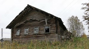 Old culture of wooden houses goes back in time. Russian Northern log hut (Houses of Veps) abandoned by its owners and destroyed