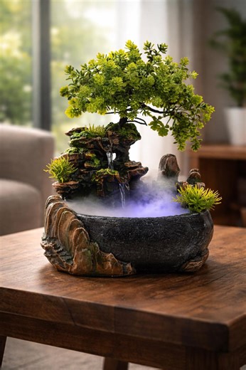 Tabletop Waterfall Fountain With Bonsai Tree, LED Mist Fogger, Zen Indoor Desktop Water Feature - Etsy