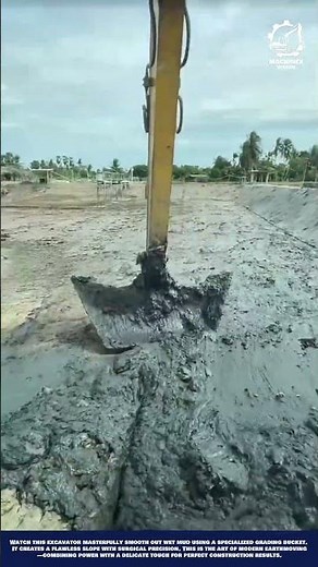 Excavator Mud Grading Machine Work for Pond Embankment Smoothing and Shaping
