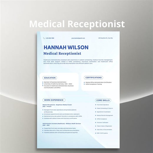 Medical Receptionist Resume Template | Healthcare Front Desk CV | ATS Friendly Editable Resume - Etsy