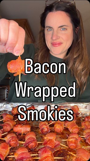 Sarah marie on Instagram: "Bacon wrapped smokies! One of my favorite appetizers!! Ingredients: 2 packages of lit’l smokies sausages 1 package of bacon 1 cup dark brown sugar Toothpicks How to: Start by lining a pan with tin foil. Make sure it covers the entire pan! Next cut the entire package of bacon into thirds. Take lit’l smokies out of the packages and take a piece of cut bacon and wrap it around the sausage. Use a toothpick to secure it in place. Next place brown sugar in a zip lock bag. Ad