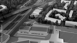 Street traffic of abstract city. Cars drive along the road with crossroads. Straight overhead aerial view. Decorative 3D animation rendered in 4K. More color options available in my portfolio.