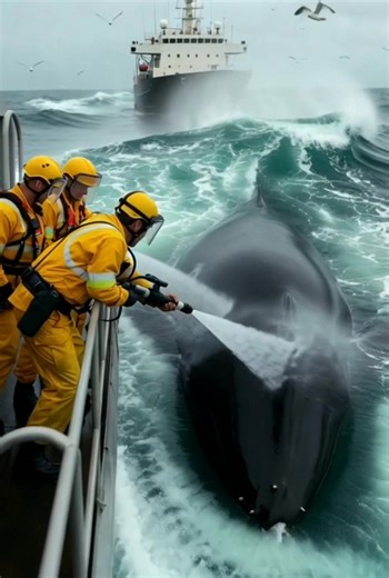Cleaning of whale feces and barnacles by marine rescue personnel near the ship. #fb pro #jangkauan luas # | Catur Gunawan