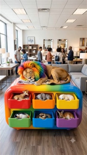 The lion, giraffe, elephant, penguin, kangaroo, polar bear, and snake run in the furniture store 🦁🌈🐧