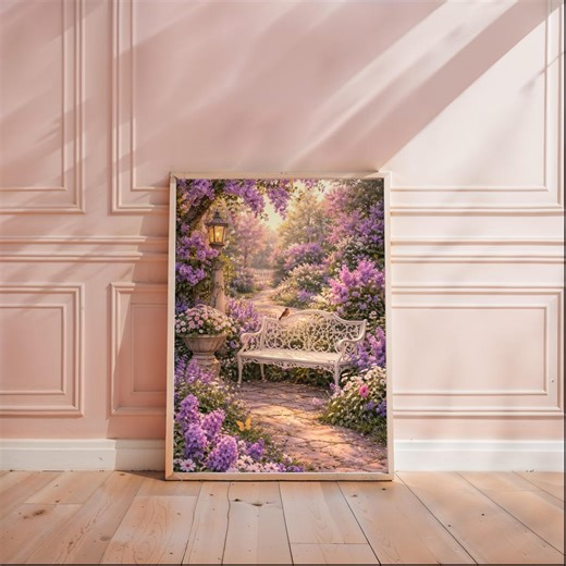 Lilac Garden Bench Print, Romantic Cottagecore Wall Art, Floral Path Landscape, Vintage Garden Decor, Soft Spring Sunset Artwork - Etsy