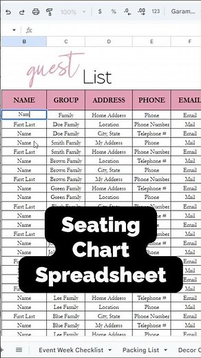 Seating Chart Template Google Sheet - Wedding Guest, Event Planner Party Guests Spreadsheet Template
