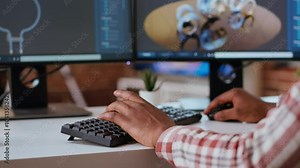 Male engineer designs 3D prototypes in a modern industrial interface using CAD software. Specialist creating gears and machinery tools via 3D modeling, technical expertise. Camera B.