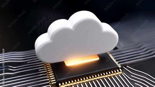 Smart chip glowing with floating data cloud and circuit board technology in advanced network and processor concept design