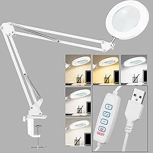 5X Magnifying Glass with Light and Stand, Desk Clip on Lamp for Reading Home Office, 48 LEDs USB Clip Ring Light with 3 Color Modes Clamp Light for Bed Headboard, Craft, Computer, Video Call