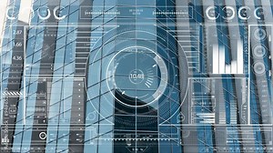 Futuristic data interface animation over modern glass building
