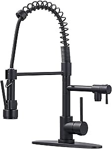 Brass Kitchen Faucet with Pull Down Sprayer, WOWOW High Arc Commercial Spring Kitchen Faucet for Sinks 1 or 3 Hole, Single Handle Matte Black Kitchen Sink Faucet with Deck Plate