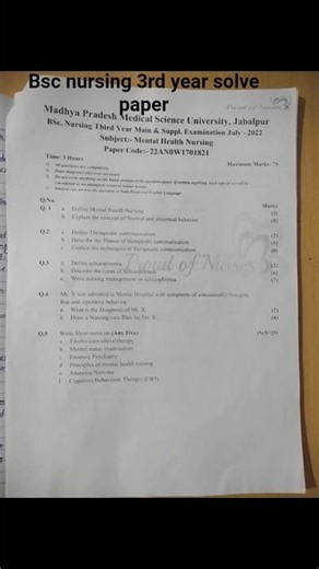 bsc nursing 3rd year mental health nursing 2022 MP MSU solve paper #nursing degree#simpal#nots#aim📝📑