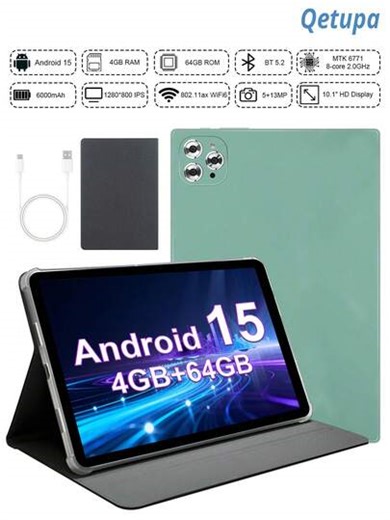 Qetupa Tablet PC Android 15 de 10.1 pulgadas, con funda protectora, procesador MTK6771 Octa-Core de 2.0GHz, 8GB de RAM + 128GB/256GB de ROM (ampliable a tarjeta SD de 1TB), pantalla táctil IPS de 1280x800, cámara frontal de 5MP y cámara trasera de 13MP, batería de 6000mAh, Bluetooth 5.2, Wi-Fi 6 802.11ax, GPS, puerto de carga Tipo C. No admite tarjeta SIM. | SHEIN